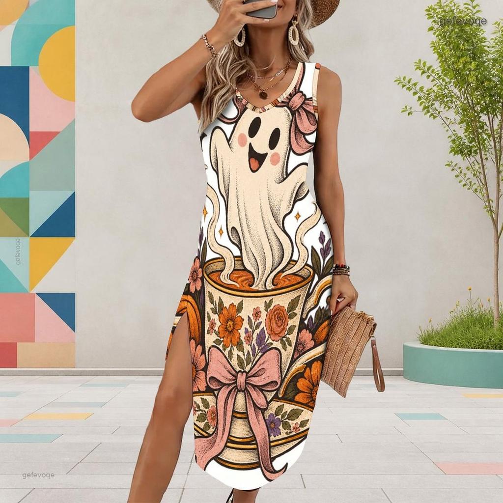 Women Plus Size White Sleeveless U Neck Halloween Ghost Pumpkin Printed Dress High Side Slit Curved Hem