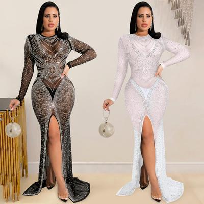 European & American Fashion Women's See-through Mesh Long Sleeve Slit Dress with Hot Drilling Details.