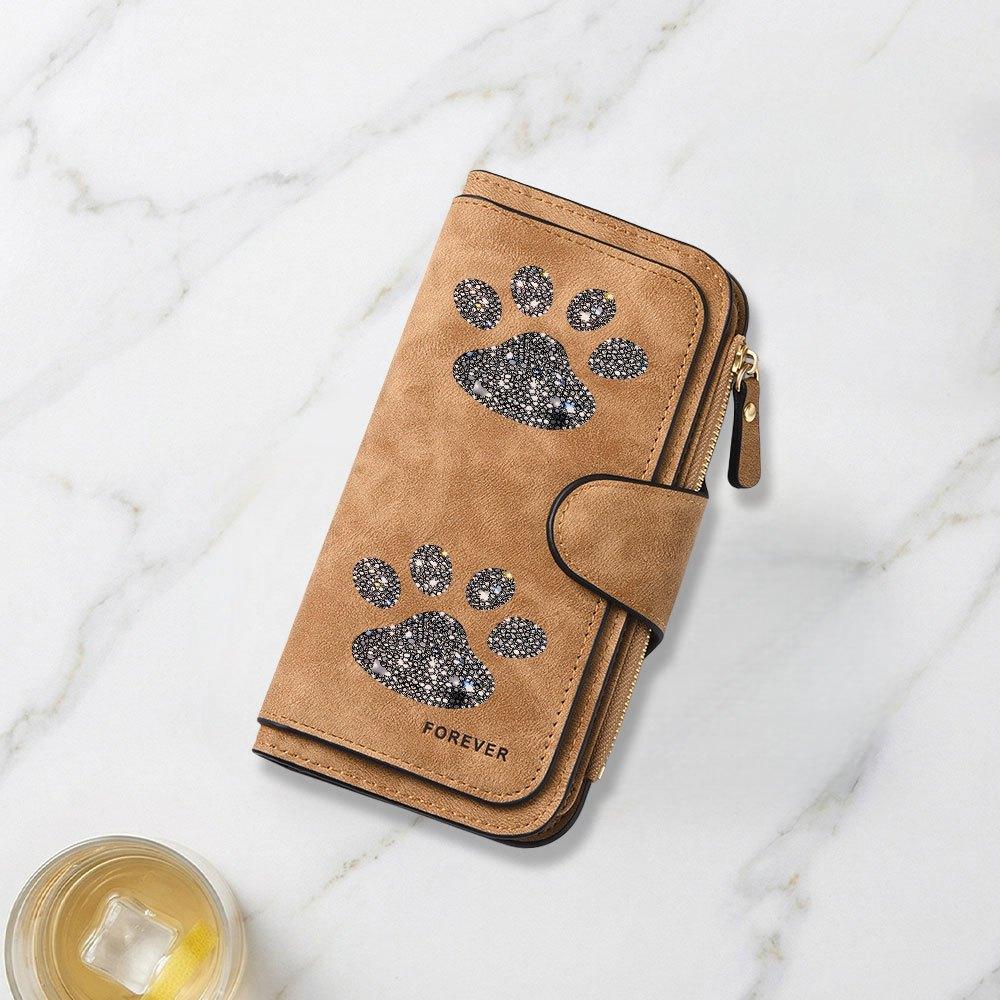 Fashionable long wallet with animal paw print and glitter decoration design, eye-catching and multifunctional portable coin purse with clasp, large