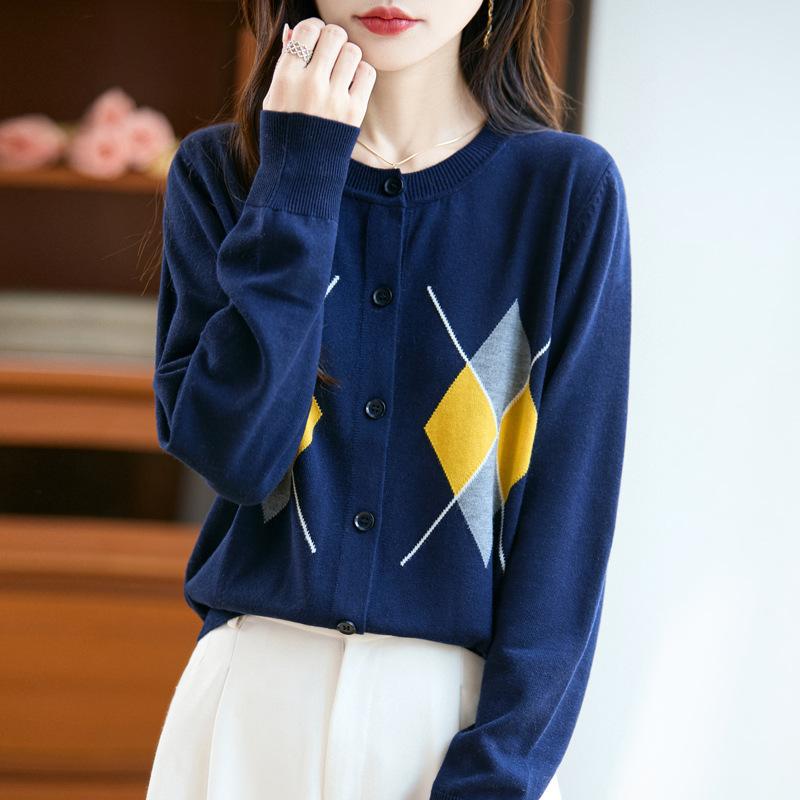 Cardigan Haut de Gamme Automne et Hiver, Haut Court Ample et Décontracté, Veste Pull à Col Rond et Motifs Diamant pour Femmes