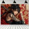 Japanese Tattoo Girl Tapestry Irezumi Samurai Sword Wall Art Red Gold Dragon Aesthetic Decor Edgy Anime Style Hangingfor Bedroom