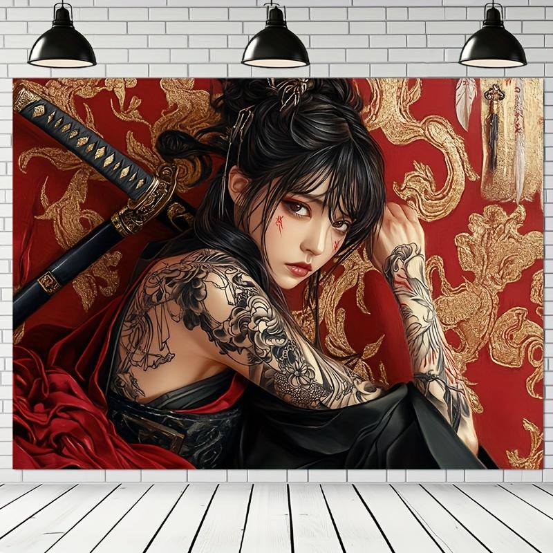 

Japanese Tattoo Girl Tapestry Irezumi Samurai Sword Wall Art Red Gold Dragon Aesthetic Decor Edgy Anime Style Hangingfor Bedroom 74x94cm(29x37in)