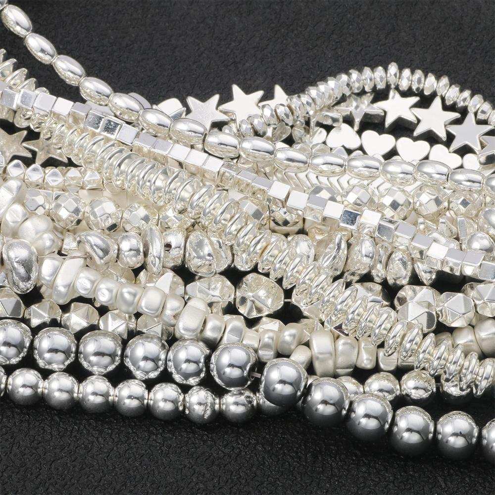 45 Style Natural Stone Silver Color Hematite Beads Heart Square Round Spacer Beads for Jewelry Making Diy Bracelet Necklace 15''