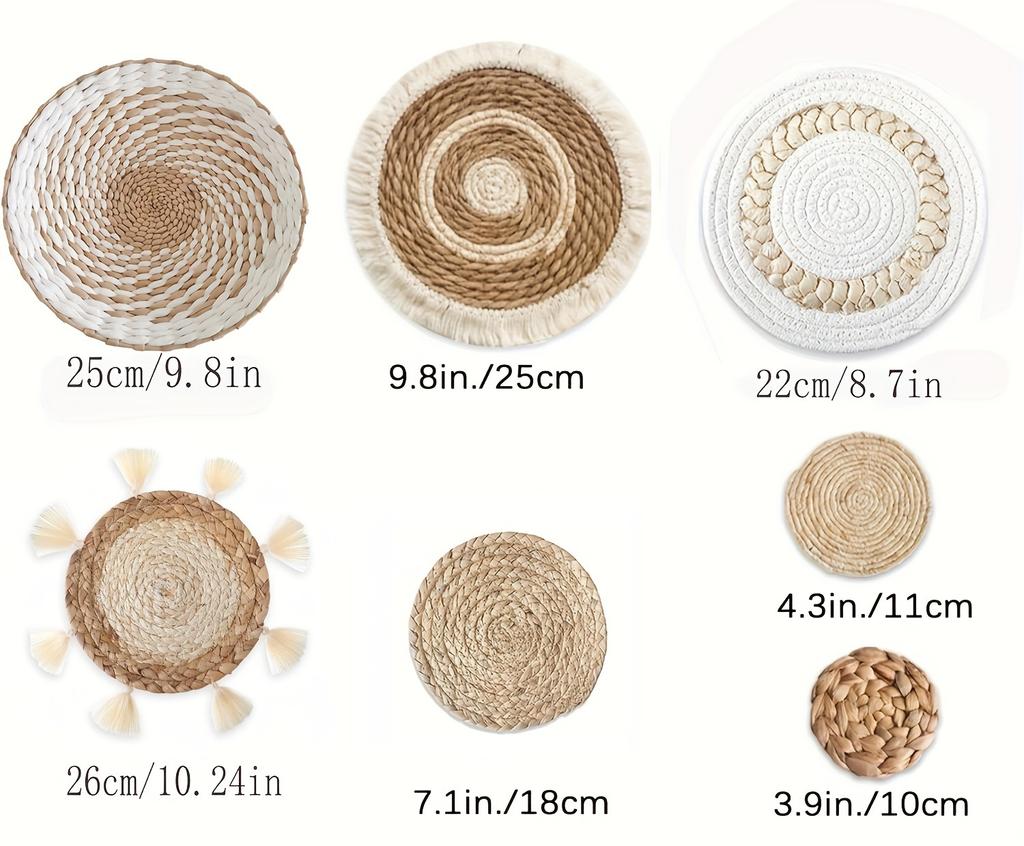 7pcs Decorative Wicker Wall Decor Round Hand Hanging Rustic Flat Wall Art for Farmhouse Living Room Bedroom Display Kitchen Home