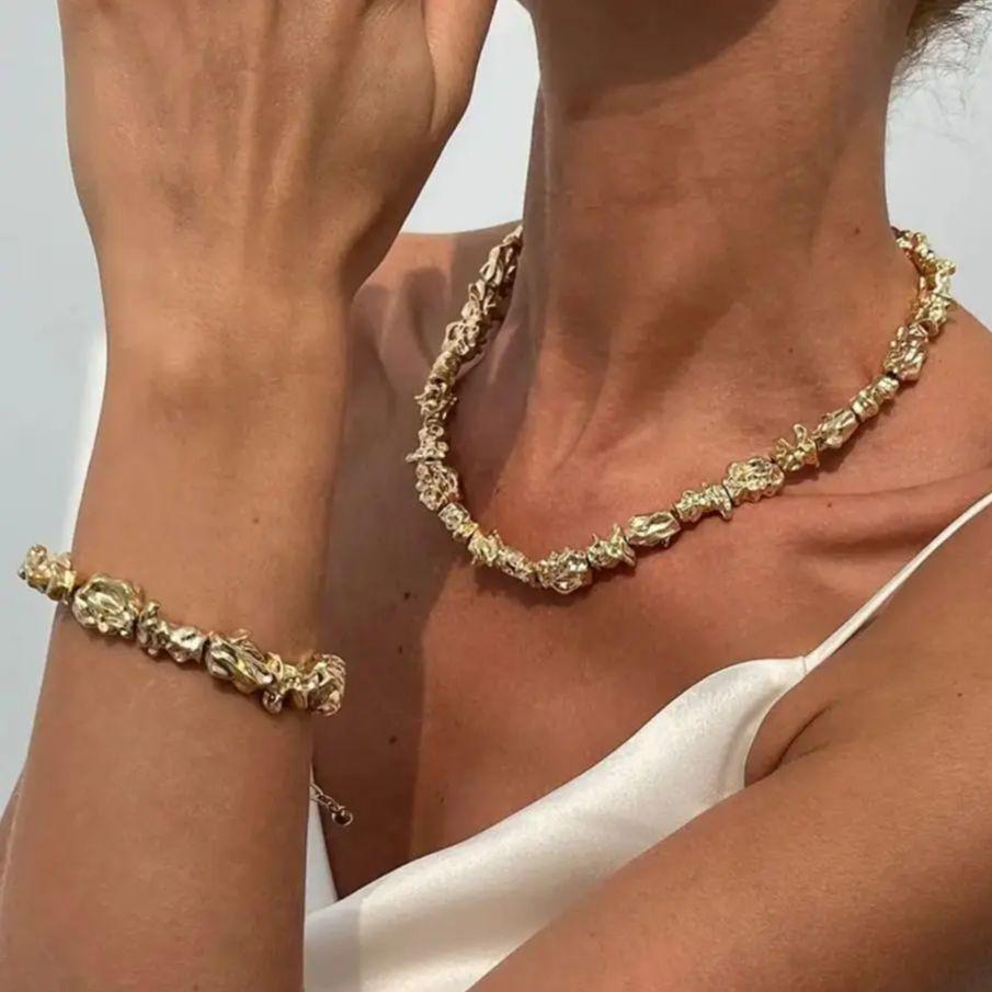SHIXIN Vintage Irregular Smooth Metal Torques Necklace Bracelet Women Elegant Chunky Collar Choker Charm Bangle Lady Jewelry Set