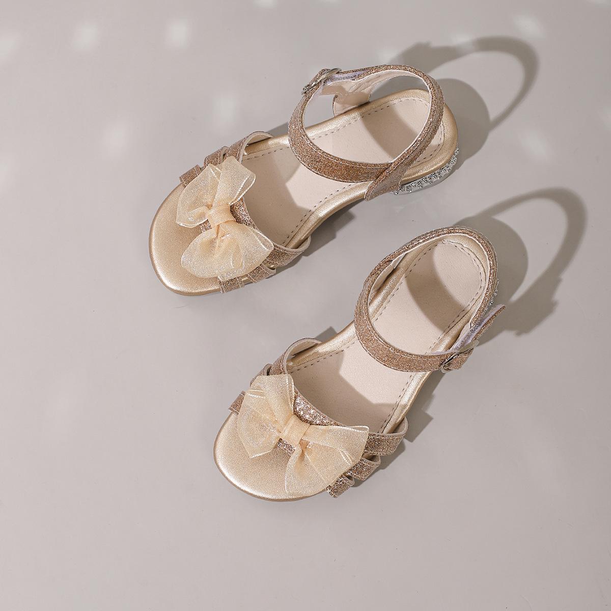 2026 Gold Bow Rhinestone Princess Sandals for Girls - Low Heel Summer Shoes 29