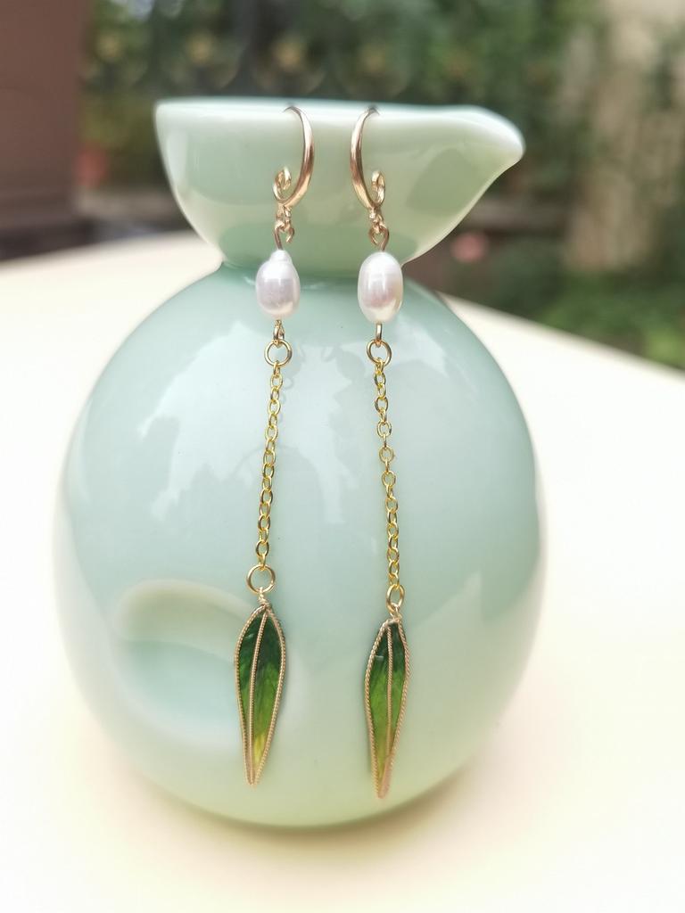 Intangible Cultural Heritage Filament Edelweiss Bamboo Leaf Green Fringed Earrings Retro Temperament Pearl Fashion Simple Wind Ear Jewelry