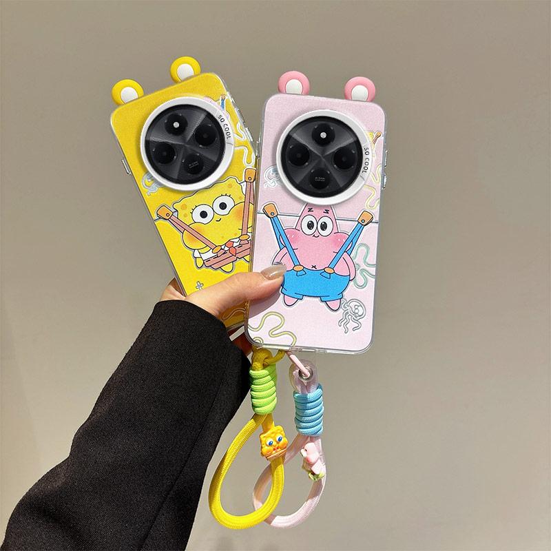 KEYSION Cute Ear Cartoon Case for Redmi 14C with Lanyard Soft Silicone+PC Shockproof Phone Back Cover for Xiaomi POCO C75
