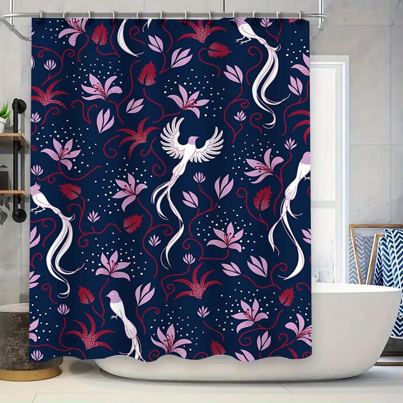 

Modern Bathroom Shower Curtain With Floral Birds Print Navy Red Pink Home Decor Waterproof Fabric Bath Tapes For Kids Room Decor W60H190(CM)-1 Pcs