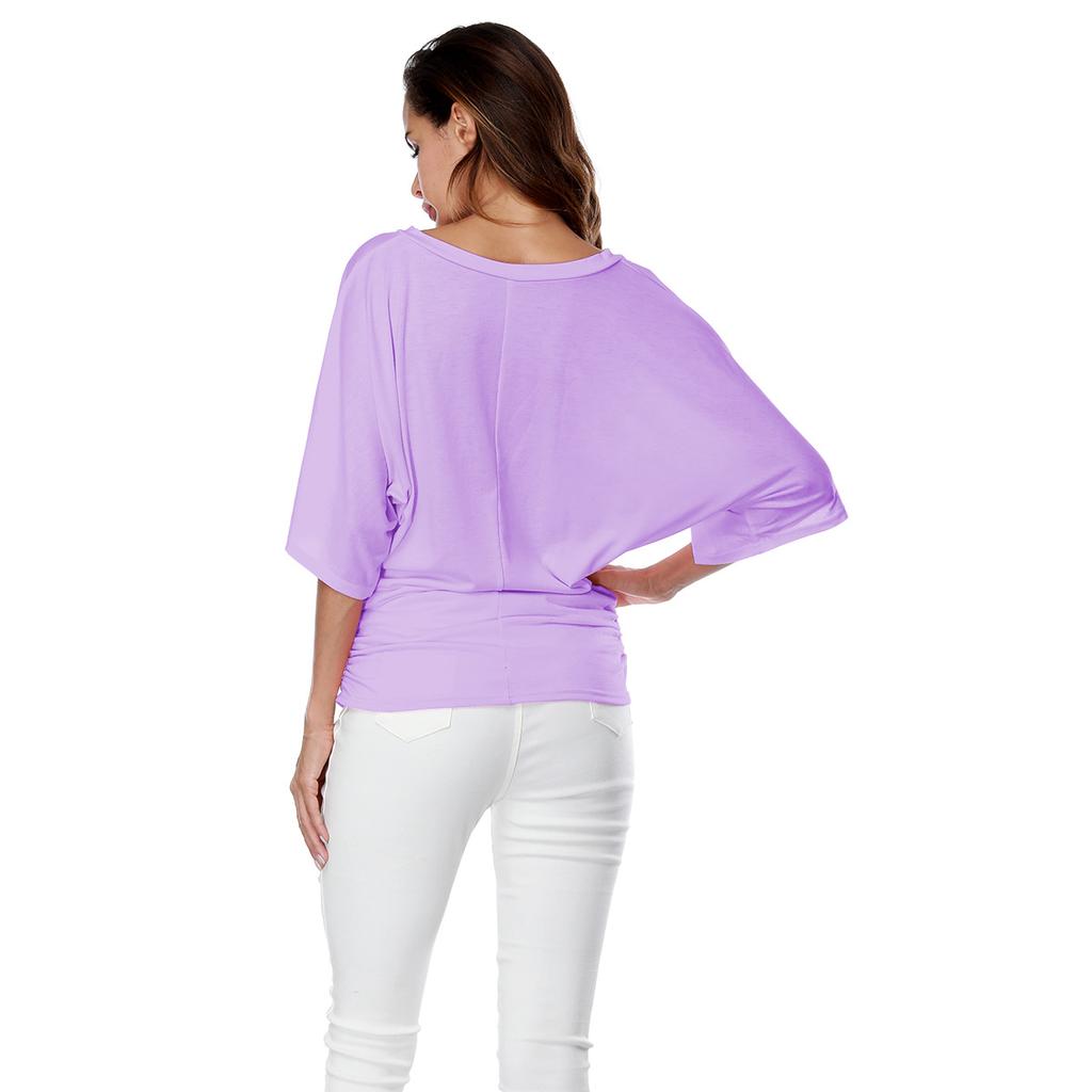 Large Size Top Women's Solid Loose Bat Sleeve V-neck Short Sleeve T-shirt