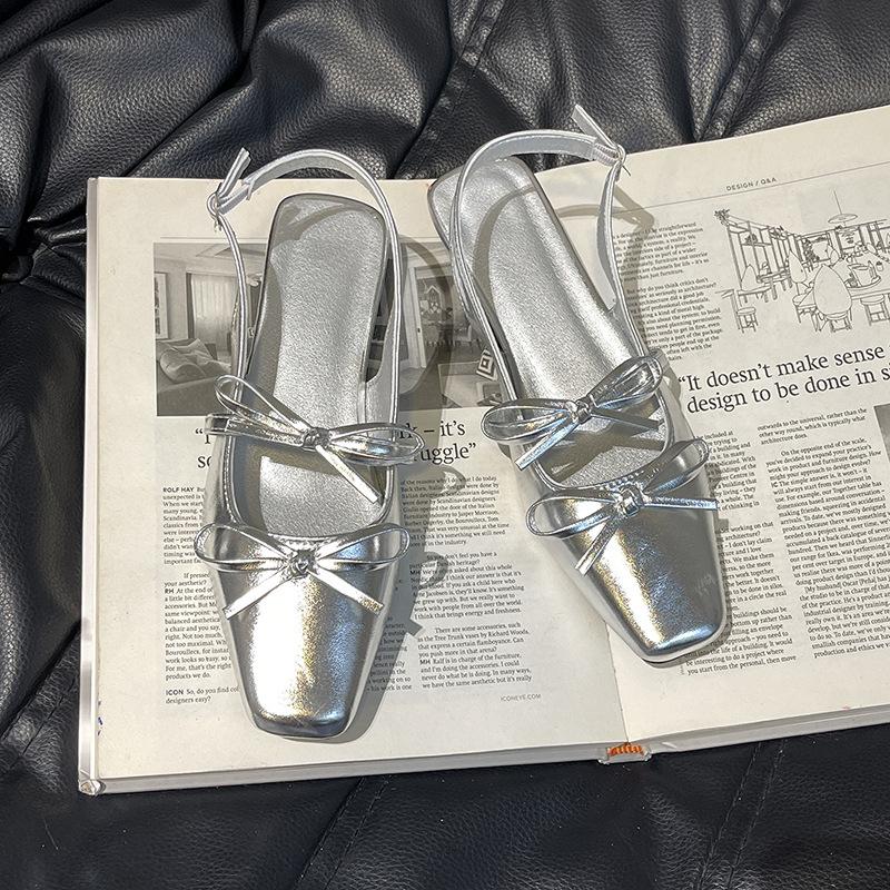 Premium high heels women's new summer fashion bow empty Mary Jane shoes silver light mouth wedge heel single shoes
