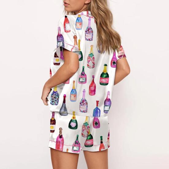 2Pcs/Set Pajamas Set Women Loungewear Sleepwear Button Closure Lapel Short Sleeve Casual Print Pajamas