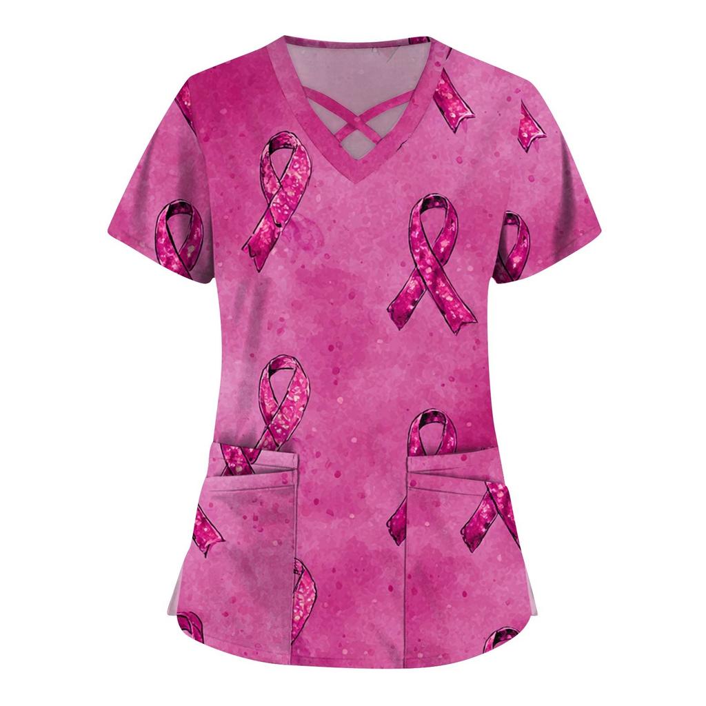 Dámská móda V-výstřih Krátký rukáv Kombinézy Kapsa s dvojitou vrstvou Tištěná trička Oblečení