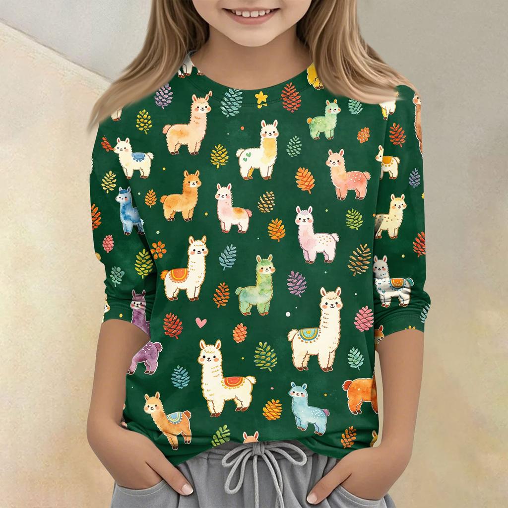 Kids Animal Print Crew Neck Three Quarter Sleeve Casual T-Shirt Soft Fabric Comfortable Fit Suitable for Everyday Wear
