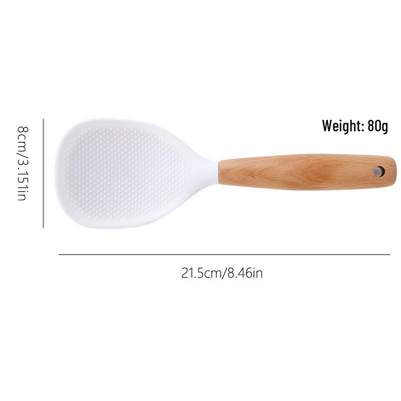 Kitchen Silicone Rice Spoon with Wooden Handle - Non-Stick, Heat-Resistant, Stand-Up Hanging Design