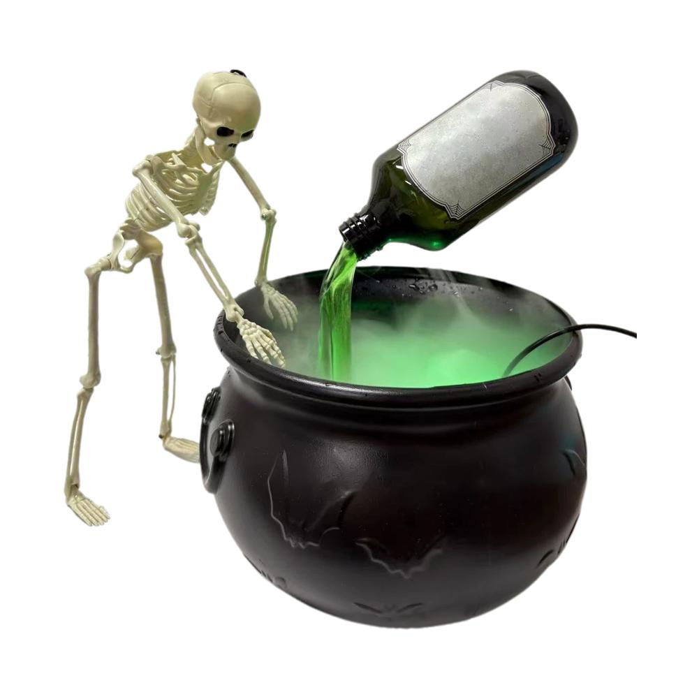 Spooky Witch Mist Maker Cauldron with Floating Bottle, Black Plastic Cauldron & Skeleton Halloween Decor LED Cauldron with Smoke