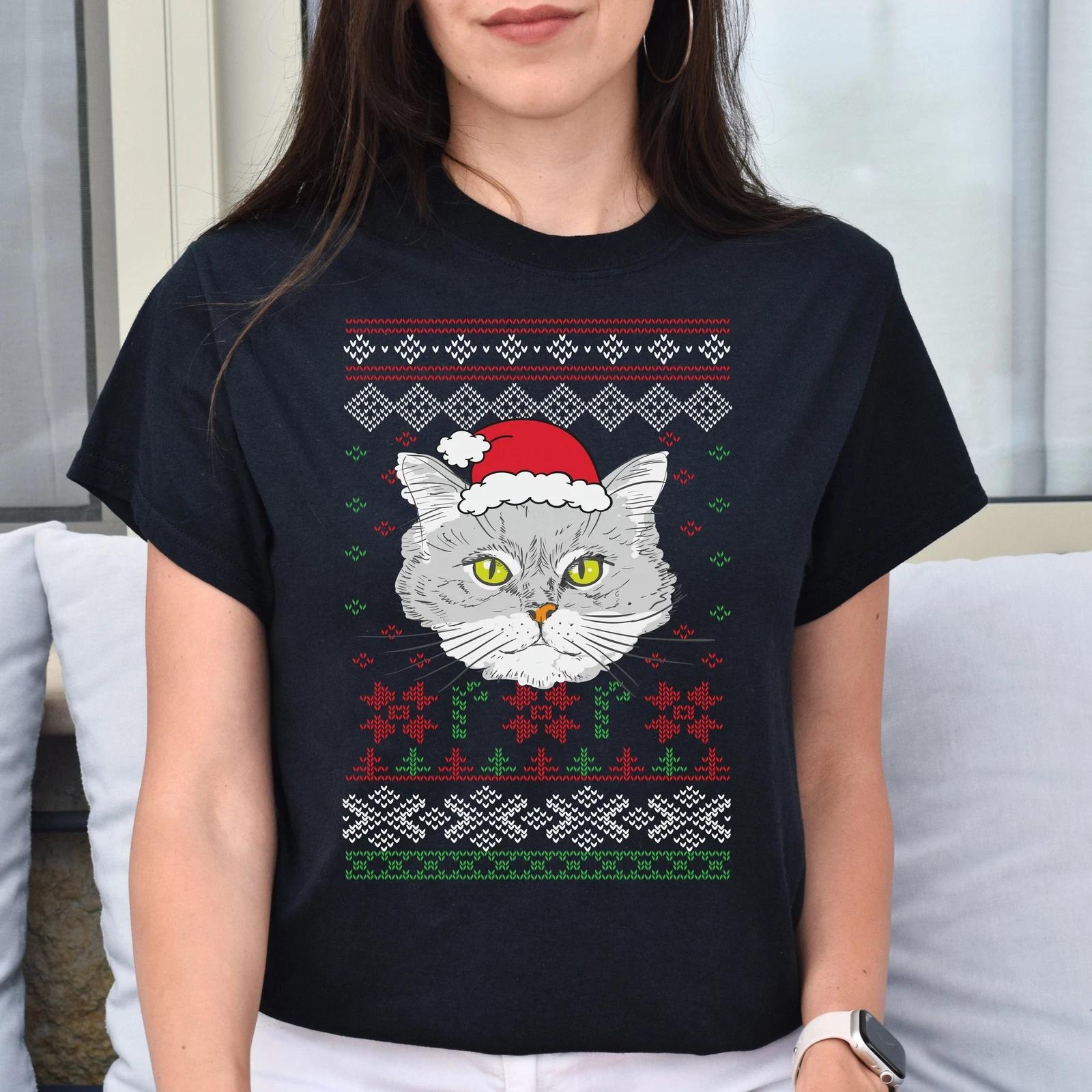 Cat Ugly Sweater Unisex shirt cat Christmas tee Black Dark Heather 4XL