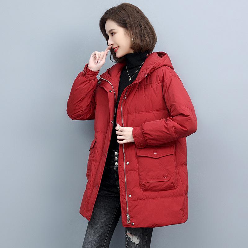 

Женский пуховик средней длины с капюшоном 2024 - Зимняя мода для мам среднего возраста M (90-115 jin) красный