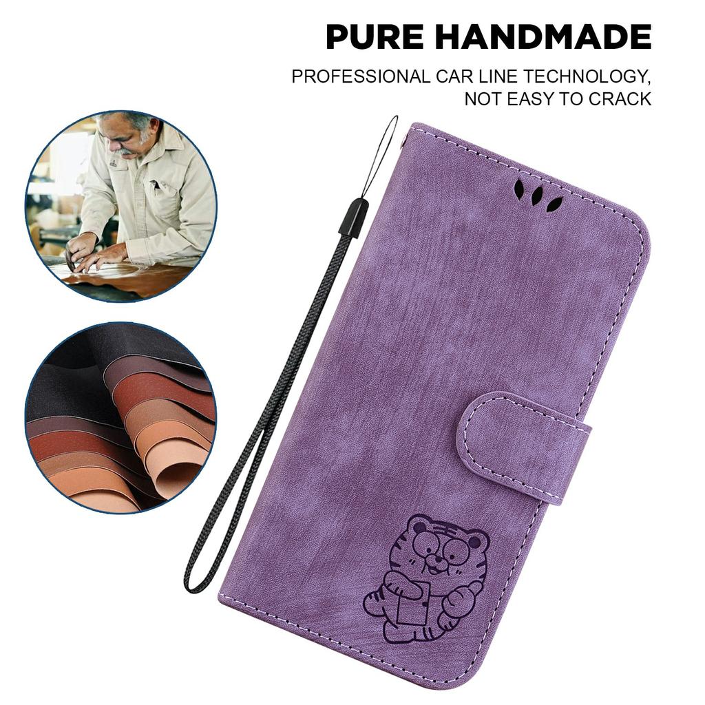For iPhone 17 Pro Wallet Case Tiger Imprint Leather Shockproof Phone Cover with Wrist Strap