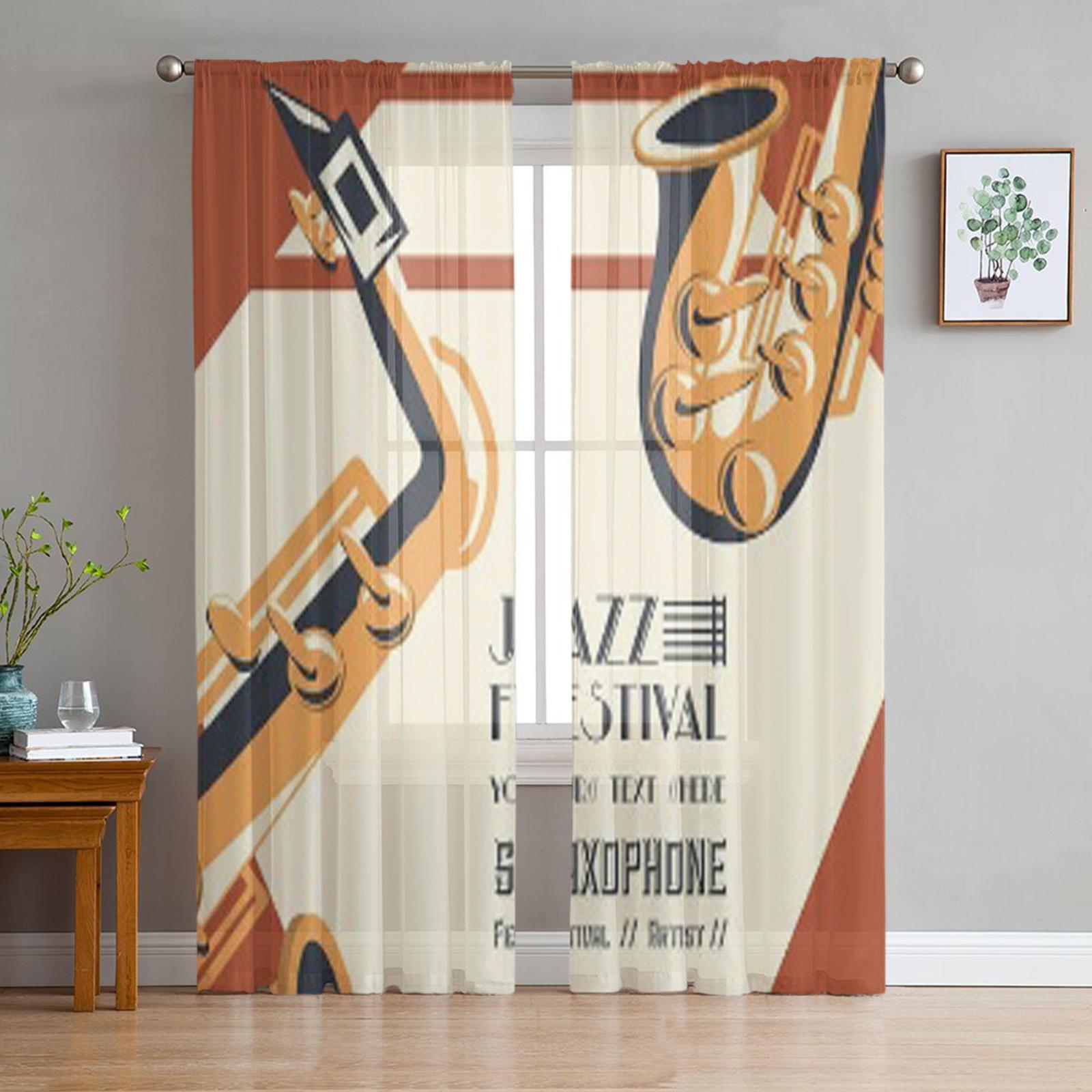 

Jazz Festival Poster With Trumpet Instrument Tulle Curtains For Living Room Sheer Curtain Bedroom Veil Organza Decorative Drapes 135W x 114H(cm)