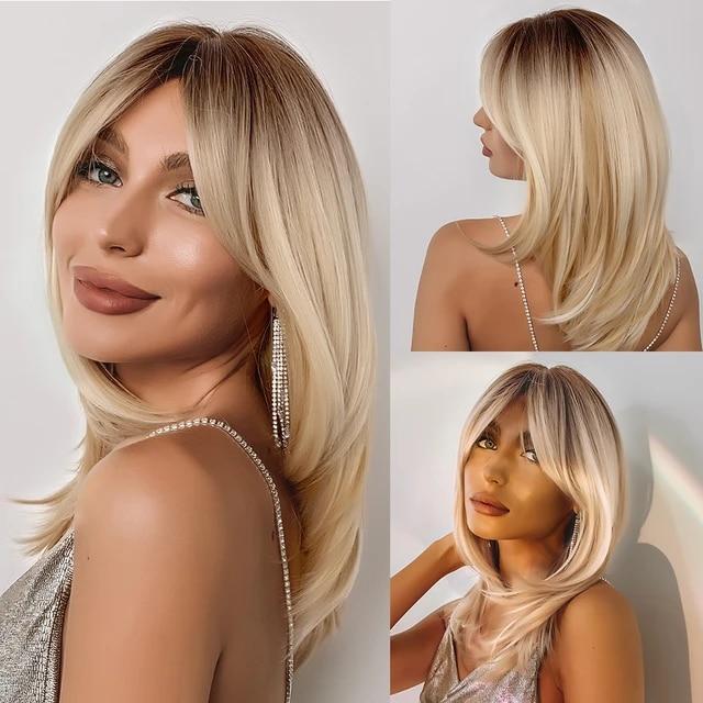 Blonde Silky Straight Synthetic Wigs with Bangs Medium Long Natural Platinum Wig for Women Cosplay Heat Resistant