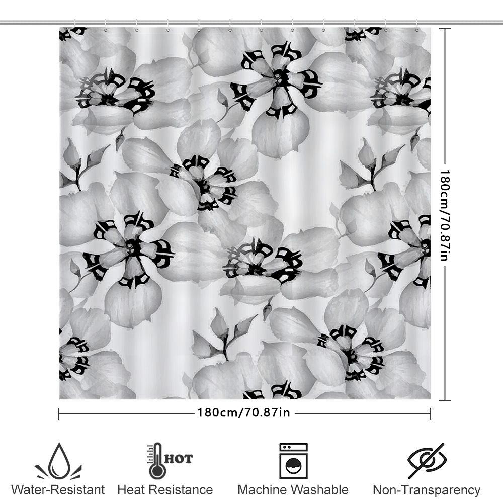Modern White Flower Printed Shower Curtain Waterproof Fabric Bathroom Decor For Home Decoration