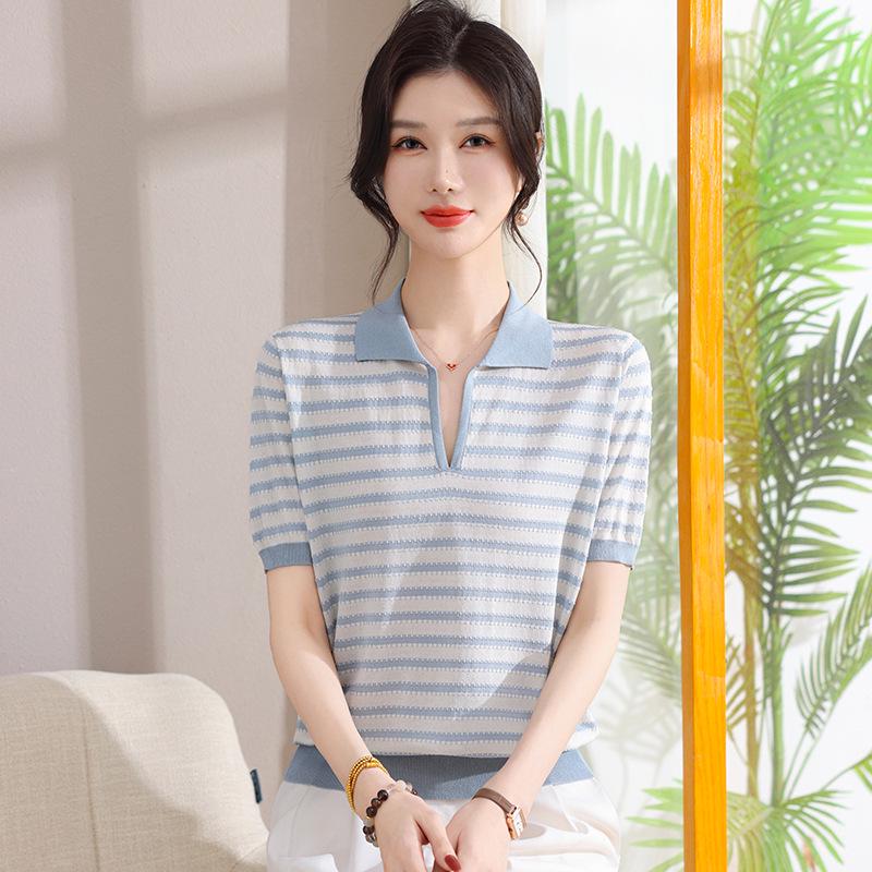 

Stylish Striped Knitwear: Women s Short Sleeve Summer Top for Elegant Middle-Aged & Elderly Moms L (Up to 105 jin)