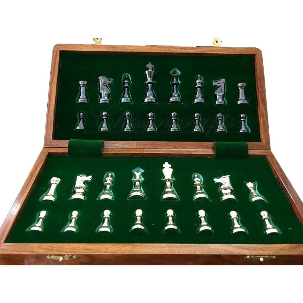 Brass Metal Staunton Chess Pieces/Coins Set with Folding Wooden Chess Board 14 Inches 2 Players (Non Magnetic)