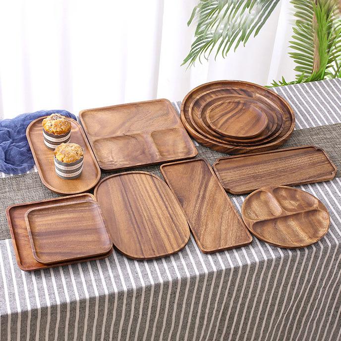 Dishes Plates Customized Wood Service Tray Plate Wooden Coffee Snack Fruit Tea Cake Plate for Home Display Tray