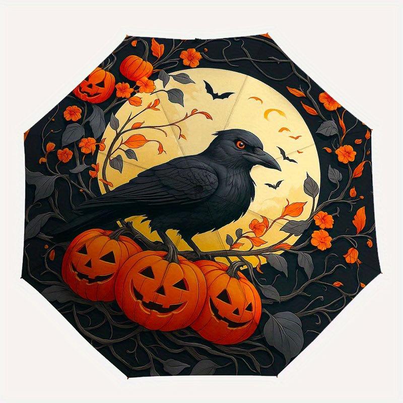 Halloween Pumpkin Patch with Crow Umbrella, Portable 3-Fold Compact Umbrella for Men & Women R144