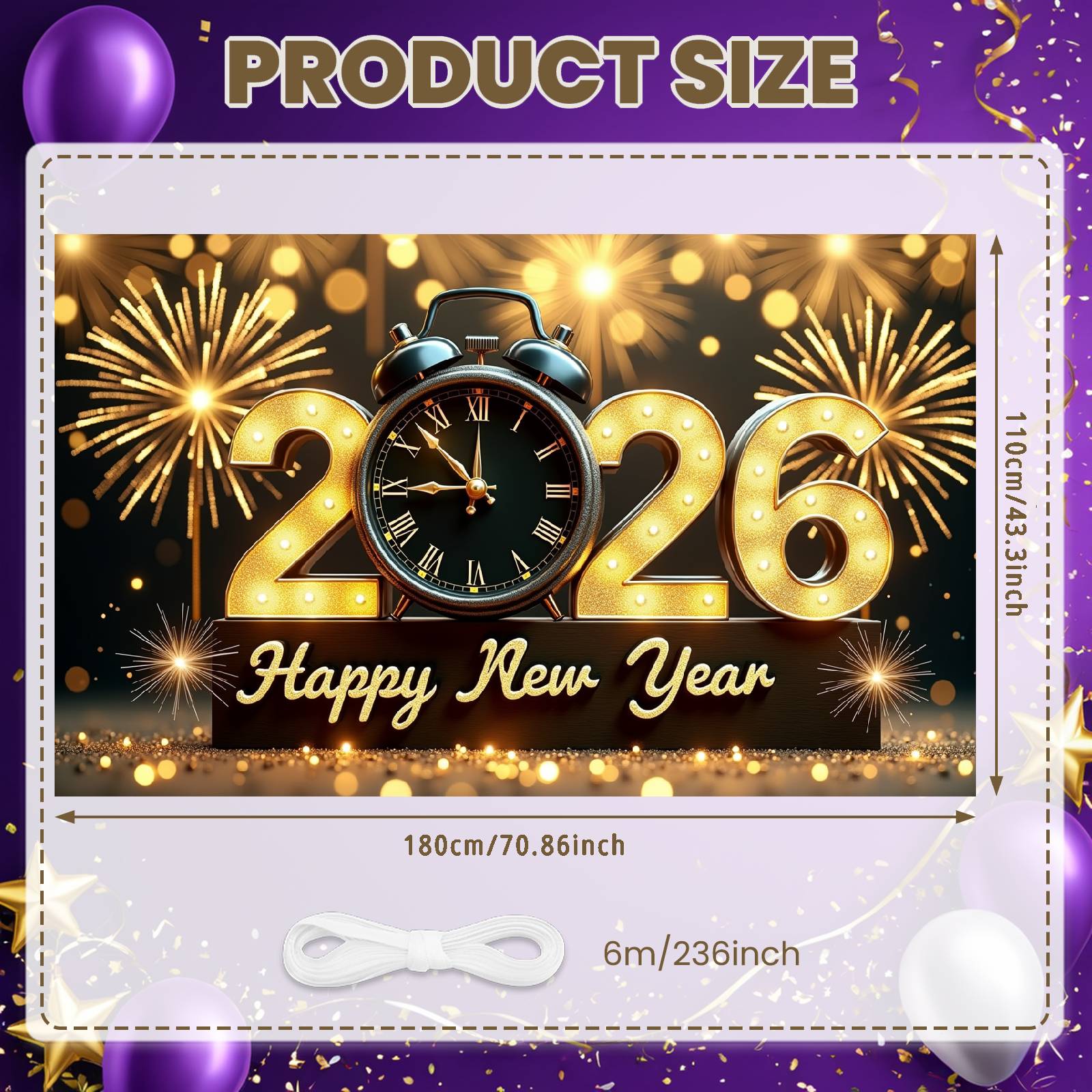 

2026 New Year Banner 2026 Design Clock Decor Banner Golden Lights Banner Lighted Design For Holiday Celebration 2026 Celebration
