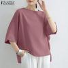 ZANZEA Women Casual Round Neck 3/4 Sleeve Solid Color Loose Blouse