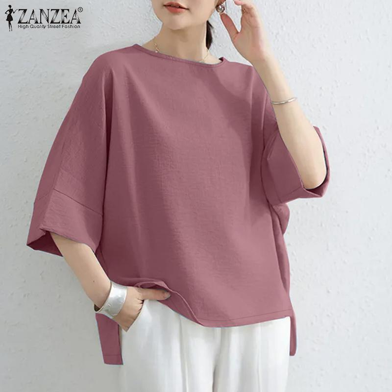 ZANZEA Women Casual Round Neck 3/4 Sleeve Solid Color Loose Blouse