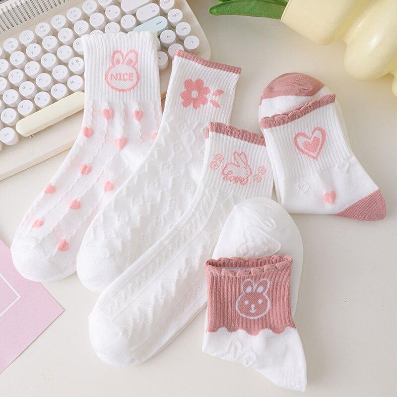 5 Pairs Women Middle Tube Socks Heart Cute Fashion Casual White Four Season Ruffles Pattern Pink Harajuku Kawaii Girls