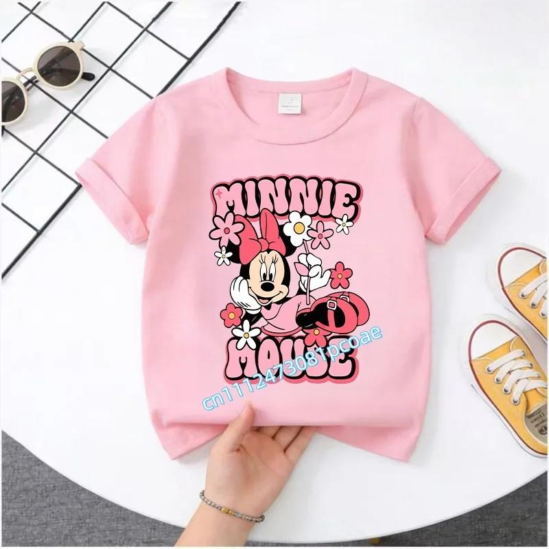 New Mickey Minnie childrens pure cotton shortsleeved boys sports shirt girls casual top with cartoon print summer Tshirt