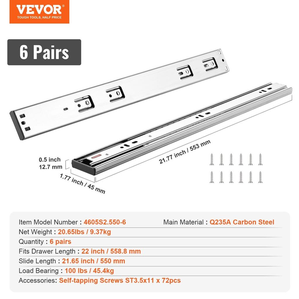 6 Pairs of 558.8mm Drawer Slides Side Mount Rails, Heavy Duty Full Extension Steel Track, Soft-Close Noiseless Guide Glides Cabinet Kitchen Runners