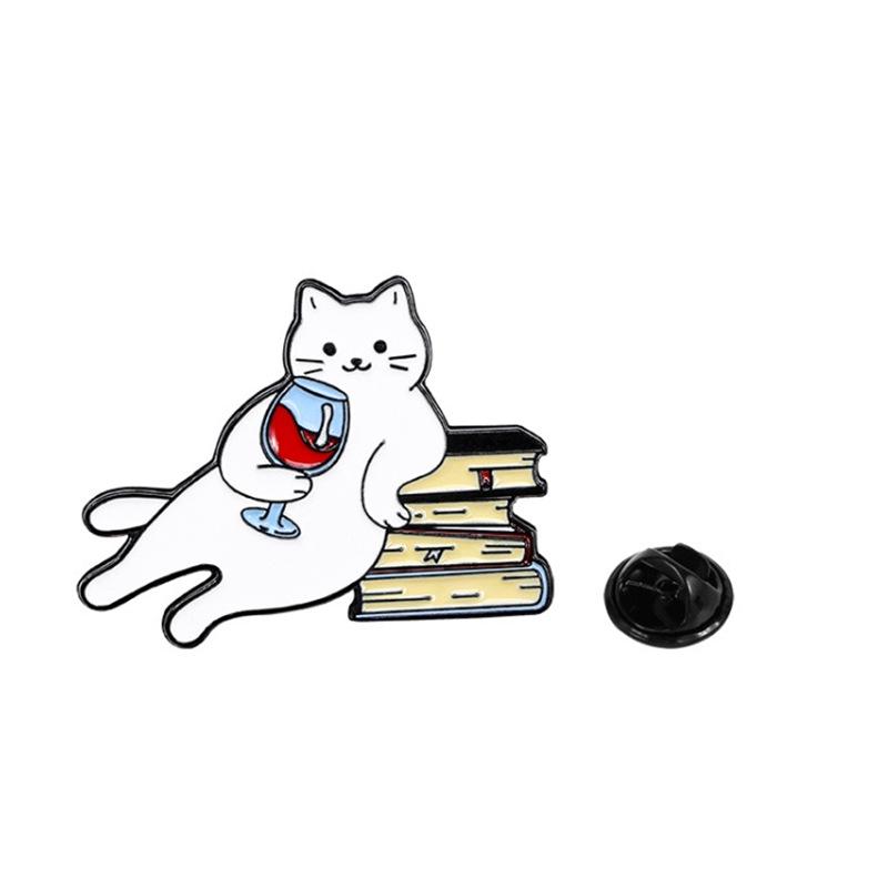 Adorable Kitten Red Wine Bottle & Glass Brooch - Enamel Pin Badge