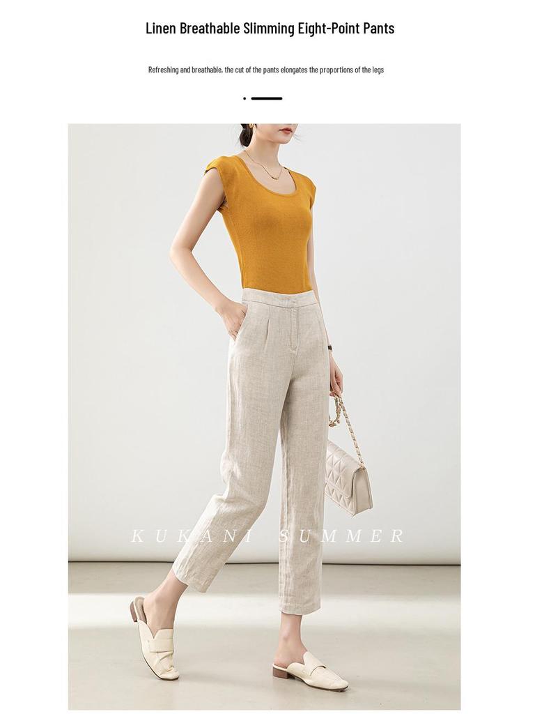 Women's High-Waist Cotton Linen Cigarette Pants - Summer 2025, Petite Eight-Point Casual, Straight Leg