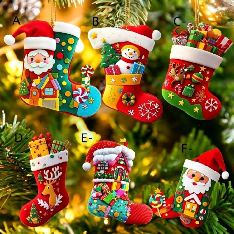 Holiday Hanging Touches Christmas Stocking Set, 6 Piece Acrylic Tree Trim with Assorted Seasonal Artwork for Tree Branch and Small Display Use