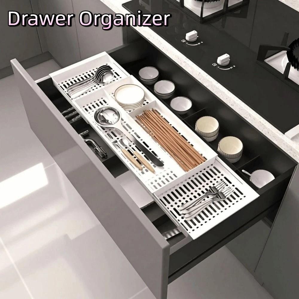 Plastic Expandable Drawer Organizer Space Saving Large Capacity Cutlery Storage Box with Compartment Utensil Tray Forks
