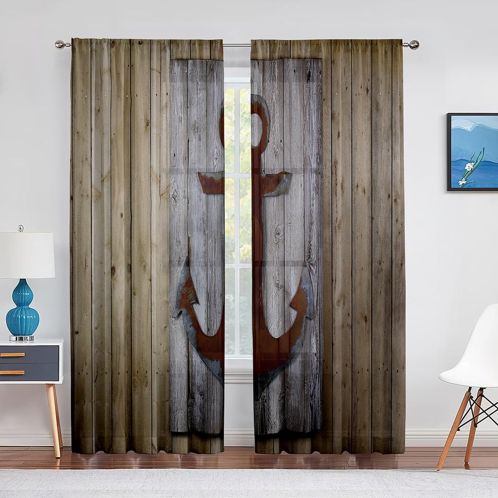 Nautical Anchor Rustic Grey Wooden Sheer Window Curtains Bedroom Modern Chiffon Drape Tulle Living Room Kitchen Voile Curtain