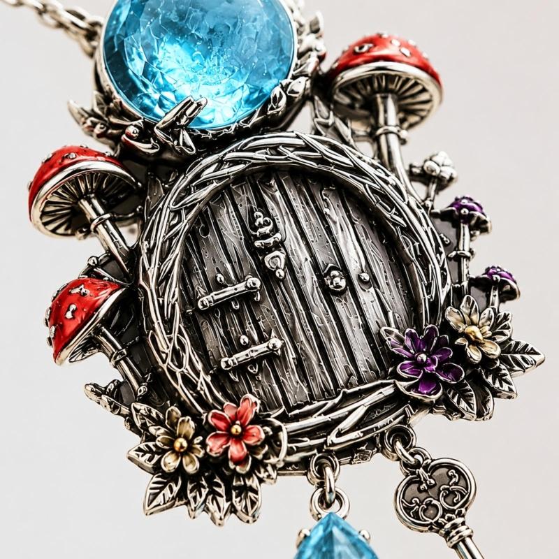 Mushroom Cottage Pendant Necklace with Dimensional Relief, Floral and Leaf Details, Blue Teardrop Dangle, and Vintage-Inspired Alloy Finish