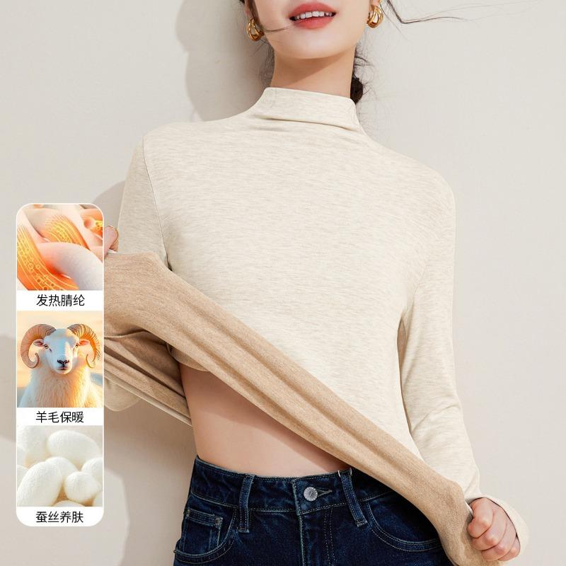 Wool silk velvet semi-turtleneck bottoming shirt autumn clothes women's thickened warm inner middle collar top women's winter