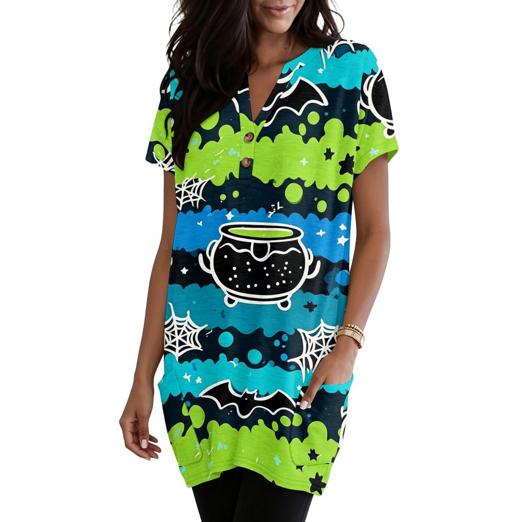 Women's Halloween V-Neck Short Sleeve T-Shirt with Pocket, Pullover Top, Printed Graphic Tee