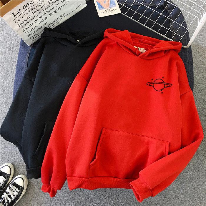 Sudadera Nueva de Pareja para Mujer Suelta con Estampado de Planeta Top con Capucha Estudiantil Combinable Sudadera de Felpa para Otoño Invierno