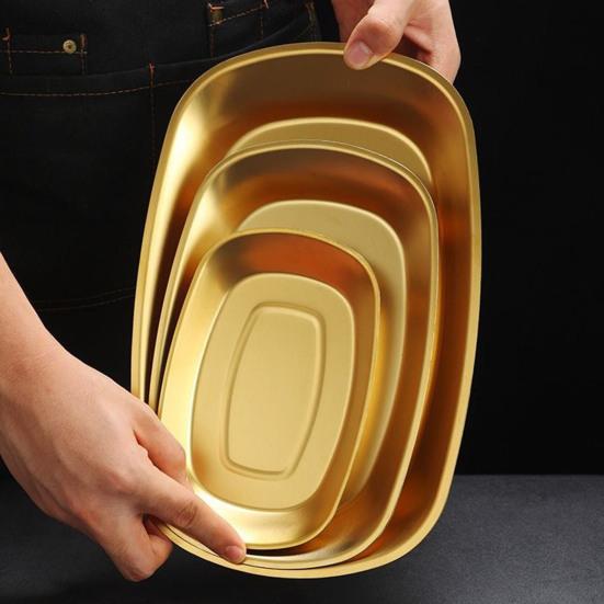 Korean Stainless Steel BBQ Grill Pan Gold/Silver Rectangular Tray for Hot Pot Nordic Dish for Meat Seafood Sushi