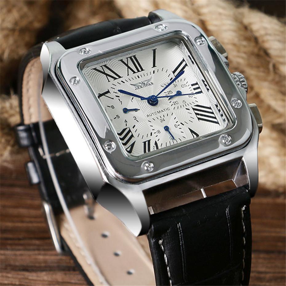 Moderne Jaragar Skelett Automatikuhr für Herren Stilvolles Quadratisches Zifferblatt Multifunktion Lässig & Business Chronograph Echtes Leder