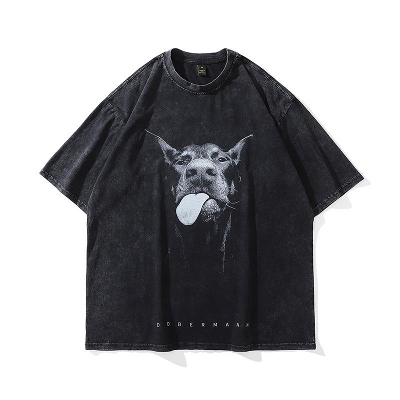 Trendy Brand American High Street Retro Doberman Direct Injection Printing Washed Long-Sleeved T-Shirt Men'S Loose Vintage Top