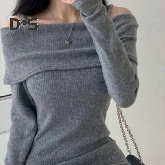 Women Knitting Tops Off Shoulder Long Sleeve Solid Color Slim Fit Pullover Tops Sexy Ribbed Long Blouse