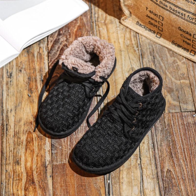 Johnature Casual Women's Short Boots Plush Warm Cotton Shoes Handmade Soft Sole Lace-up Cloth Shoes